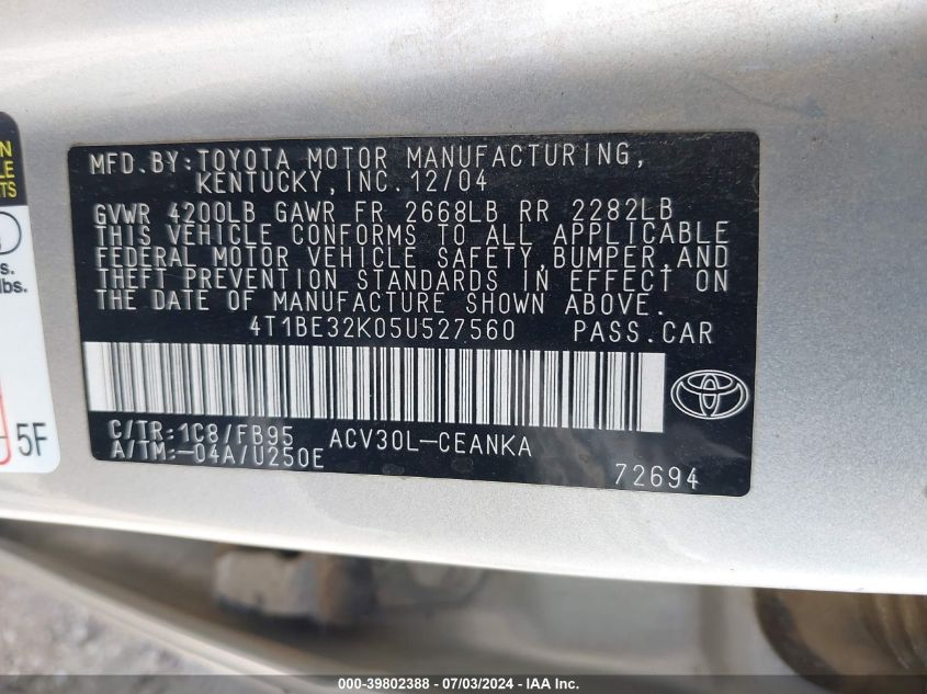 2005 Toyota Camry Le VIN: 4T1BE32K05U527560 Lot: 39802388