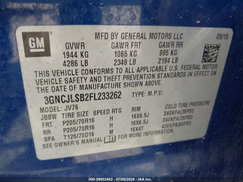 2015 Chevrolet Trax Lt VIN: 3GNCJLSB2FL233262 Lot: 39802402