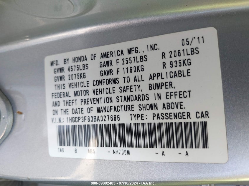 2011 Honda Accord 3.5 Ex-L VIN: 1HGCP3F83BA027666 Lot: 39802403