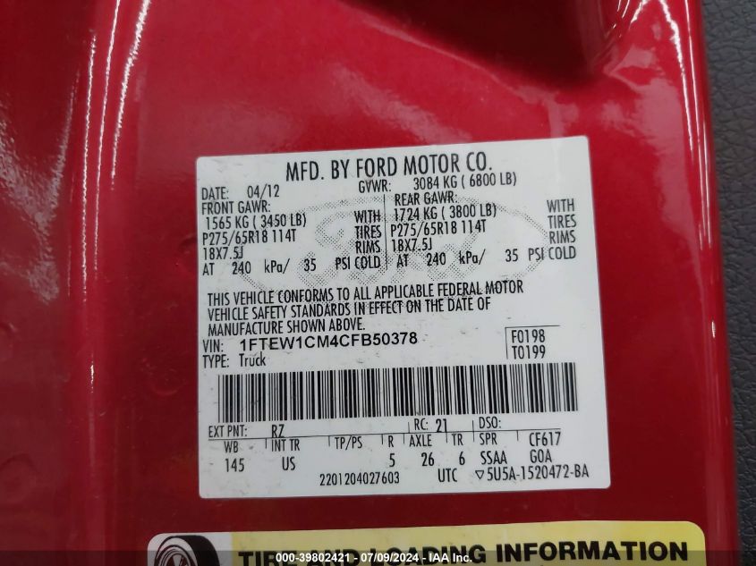 2012 Ford F150 Supercrew VIN: 1FTEW1CM4CFB50378 Lot: 39802421