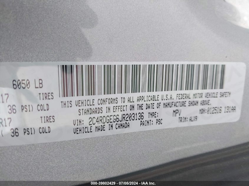 2018 Dodge Grand Caravan Gt VIN: 2C4RDGEG6JR203136 Lot: 39802429