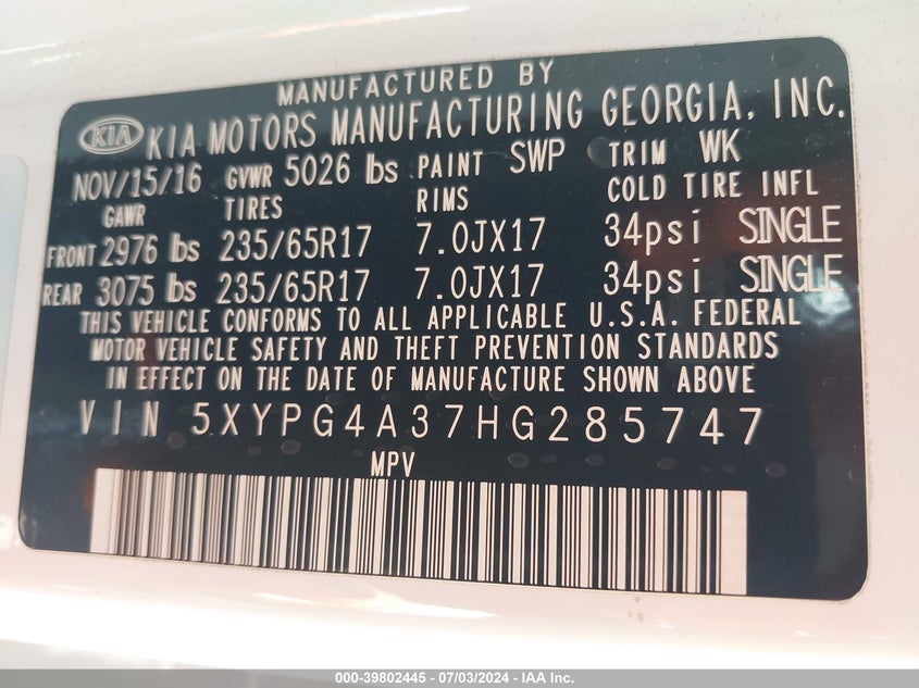 2017 Kia Sorento 2.4L Lx VIN: 5XYPG4A37HG285747 Lot: 39802445