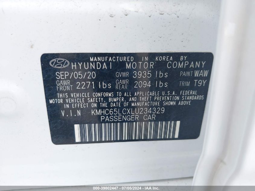 2020 Hyundai Ioniq Hybrid Blue VIN: KMHC65LCXLU234329 Lot: 39802447