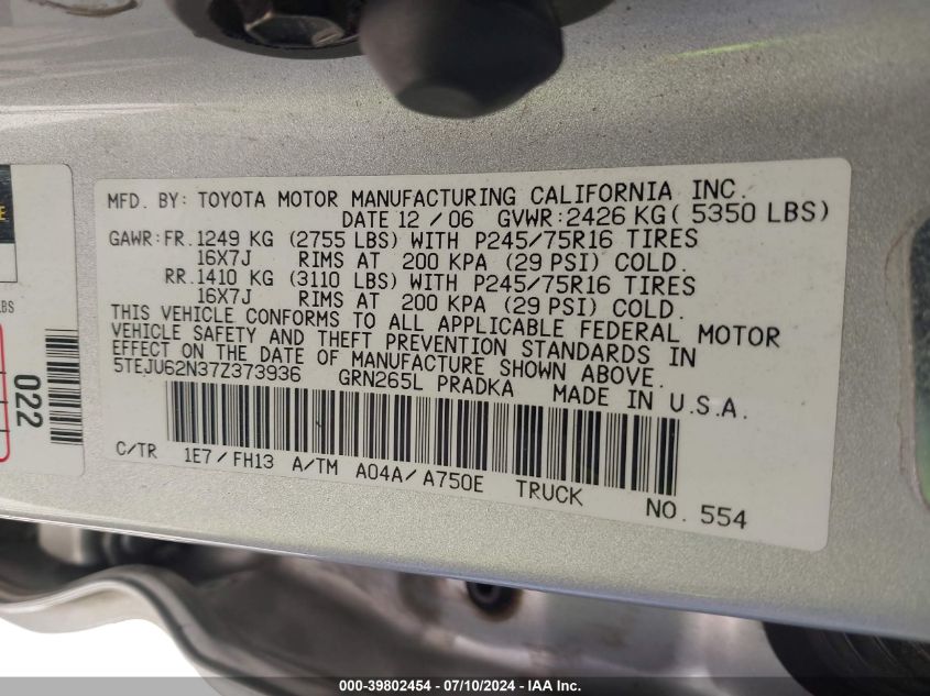 2007 Toyota Tacoma Prerunner V6 VIN: 5TEJU62N37Z373936 Lot: 39802454