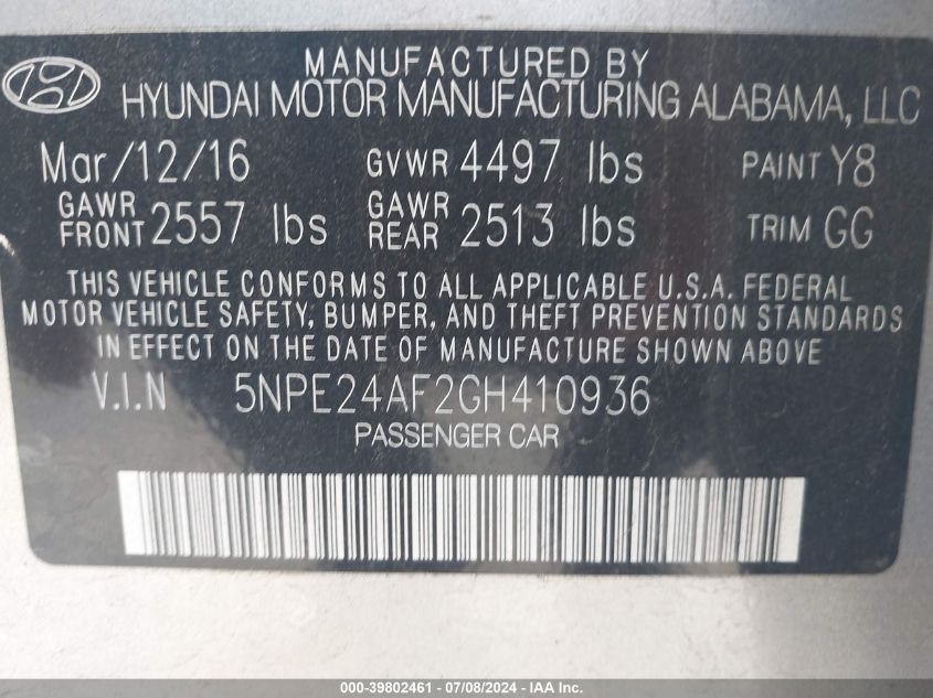 2016 Hyundai Sonata Se VIN: 5NPE24AF2GH410936 Lot: 39802461