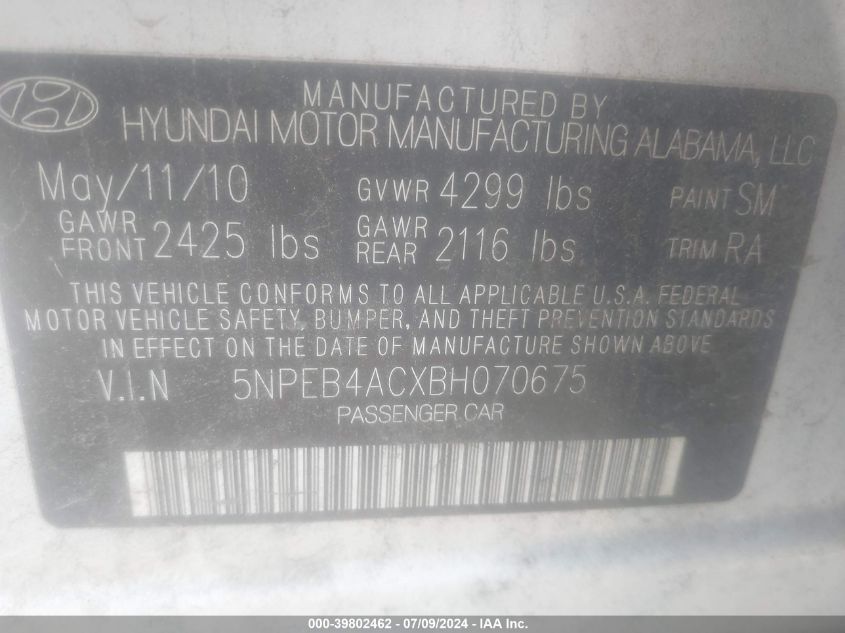 2011 Hyundai Sonata Gls VIN: 5NPEB4ACXBH070675 Lot: 39802462