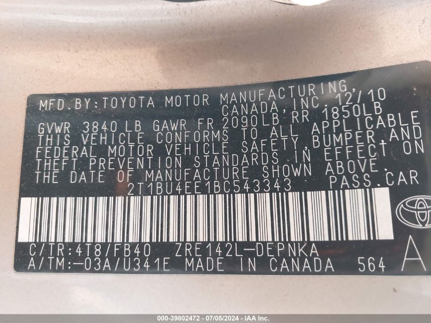 2011 Toyota Corolla Le VIN: 2T1BU4EE1BC543343 Lot: 39802472