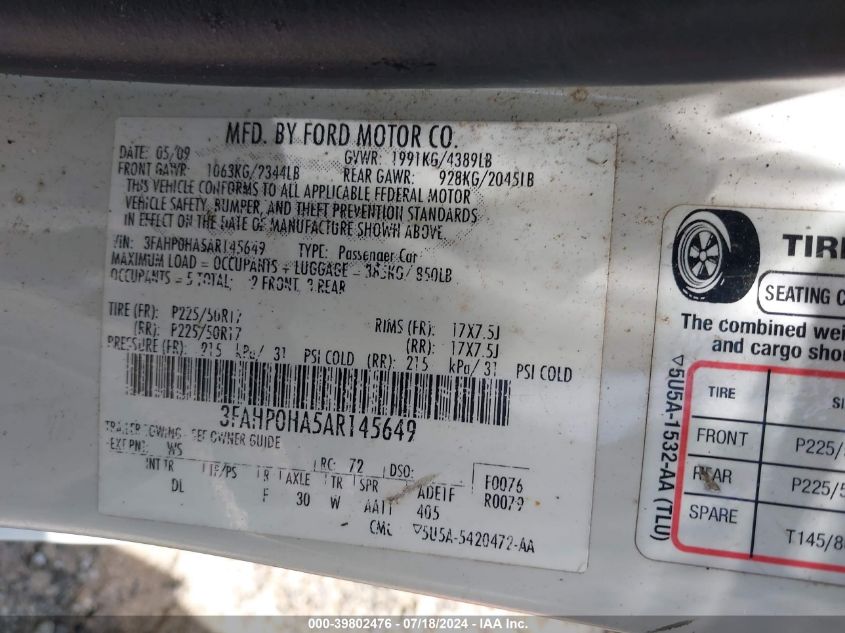 2010 Ford Fusion Se VIN: 3FAHP0HA5AR145649 Lot: 39802476