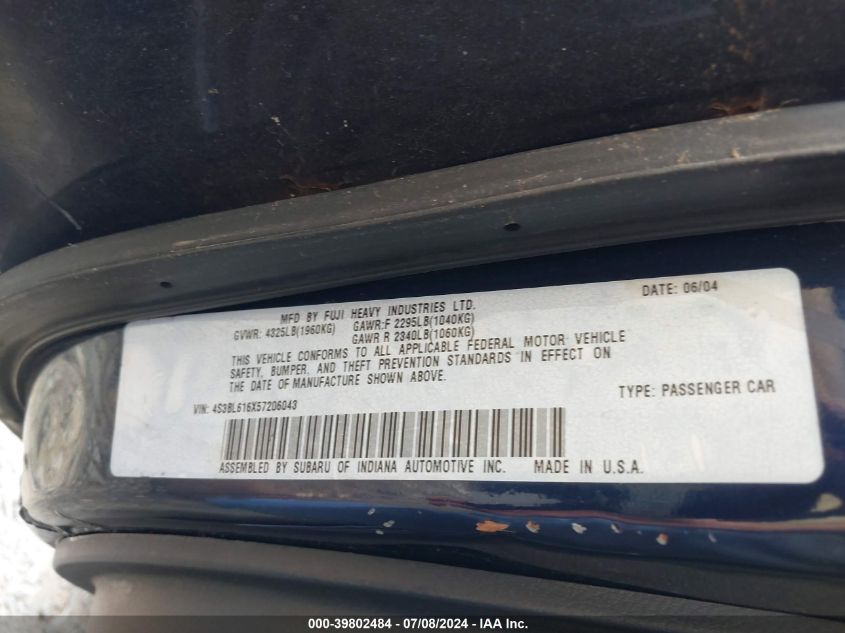 2005 Subaru Legacy 2.5I VIN: 4S3BL616X57206043 Lot: 39802484