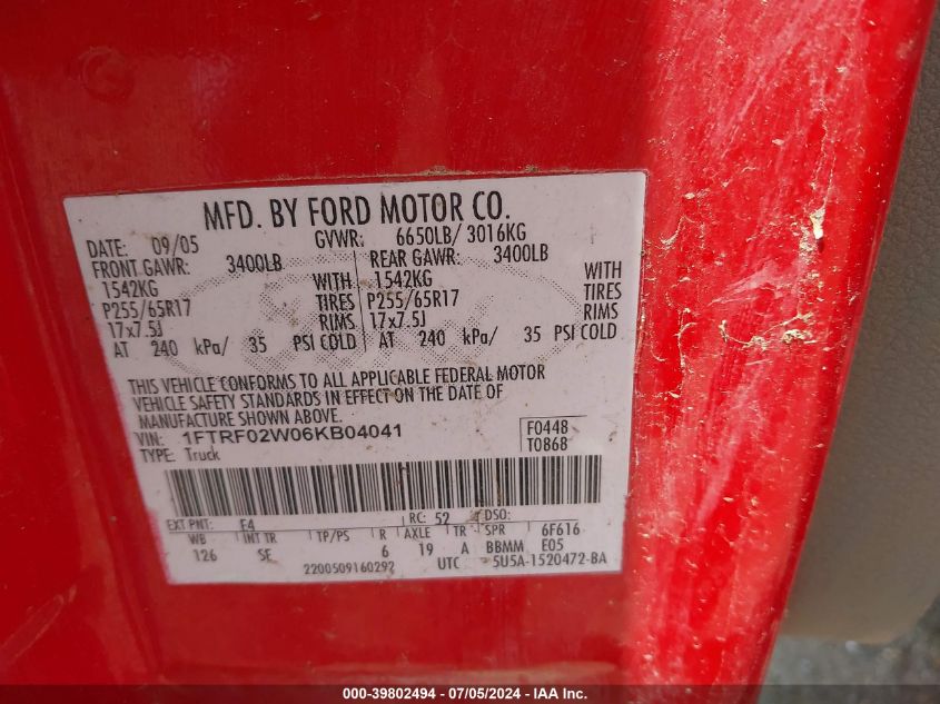 2006 Ford F-150 Stx/Xlt VIN: 1FTRF02W06KB04041 Lot: 39802494
