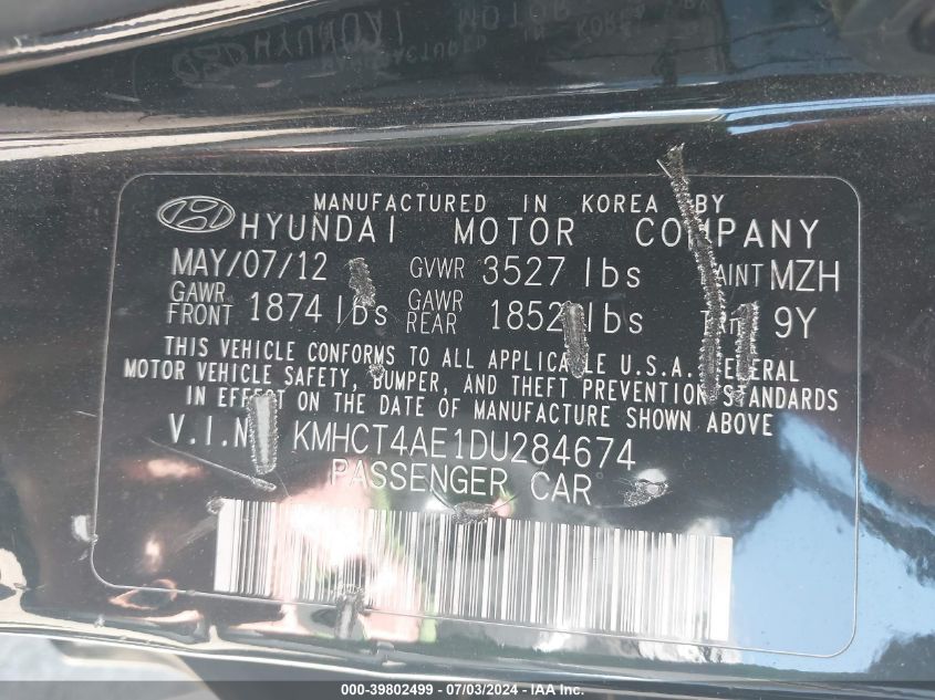 2013 Hyundai Accent Gls/Gs VIN: KMHCT4AE1DU284674 Lot: 39802499