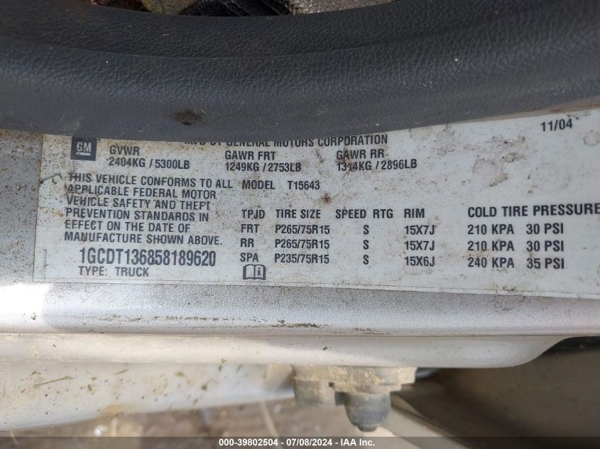 2005 Chevrolet Colorado Ls VIN: 1GCDT136858189620 Lot: 39802504