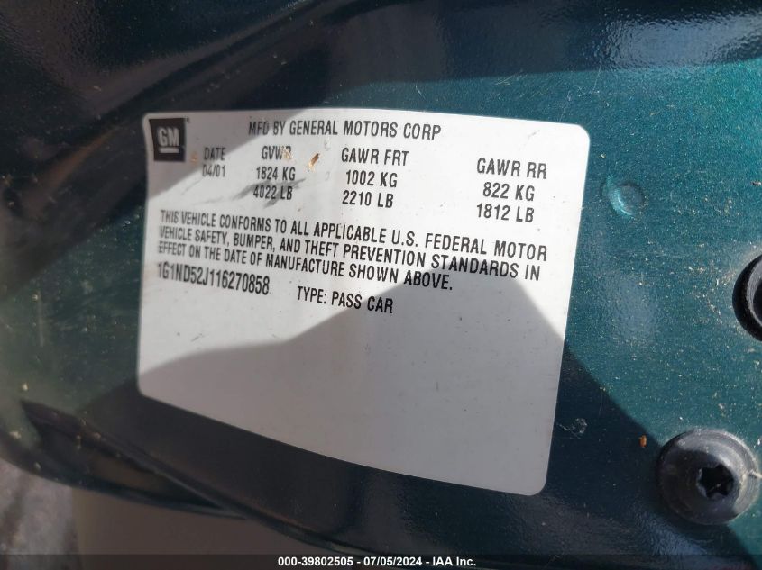 2001 Chevrolet Malibu VIN: 1G1ND52J116270858 Lot: 39802505