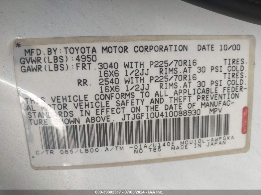 2001 Lexus Rx 300 VIN: JTJGF10U410088930 Lot: 39802517