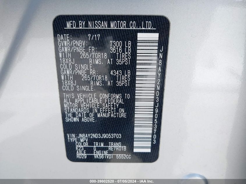 2018 NISSAN ARMADA SV - JN8AY2ND3J9053703