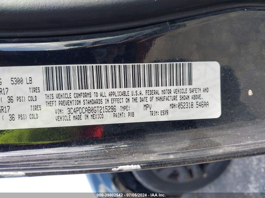 2016 Dodge Journey Se VIN: 3C4PDCAB0GT215296 Lot: 39802542