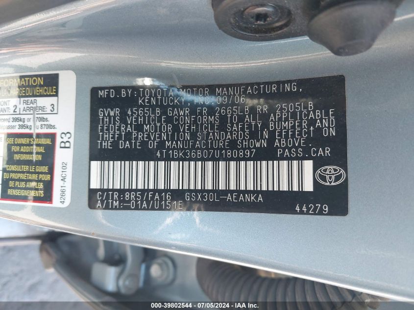 2007 Toyota Avalon Xl VIN: 4T1BK36B07U180897 Lot: 39802544