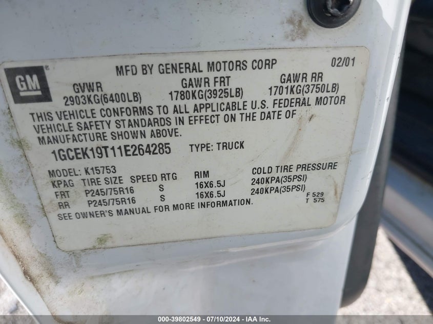 2001 Chevrolet Silverado 1500 VIN: 1GCEK19T11E264285 Lot: 39802549