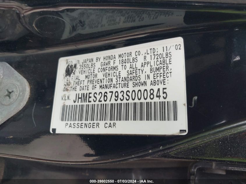 2003 Honda Civic Ex VIN: JHMES26793S000845 Lot: 39802550