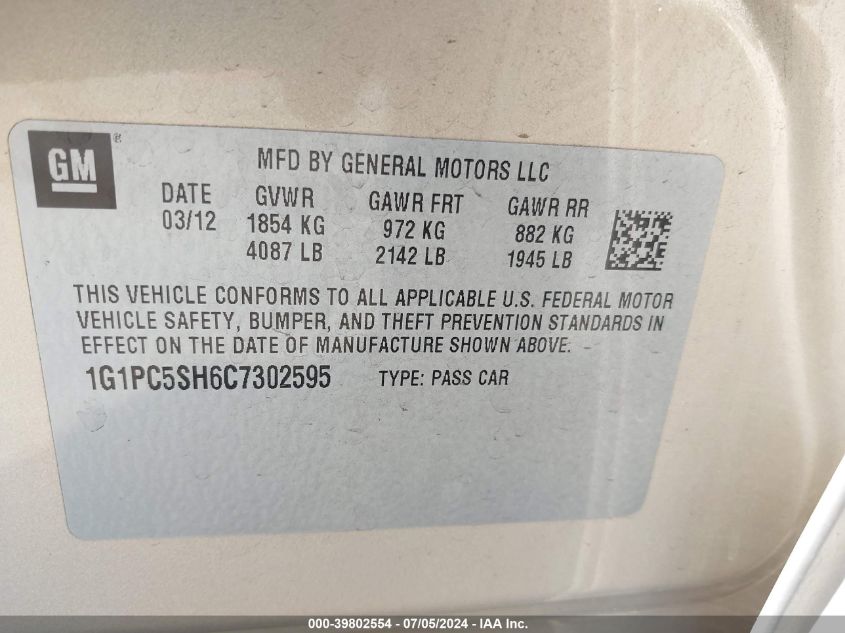 2012 Chevrolet Cruze Ls VIN: 1G1PC5SH6C7302595 Lot: 39802554