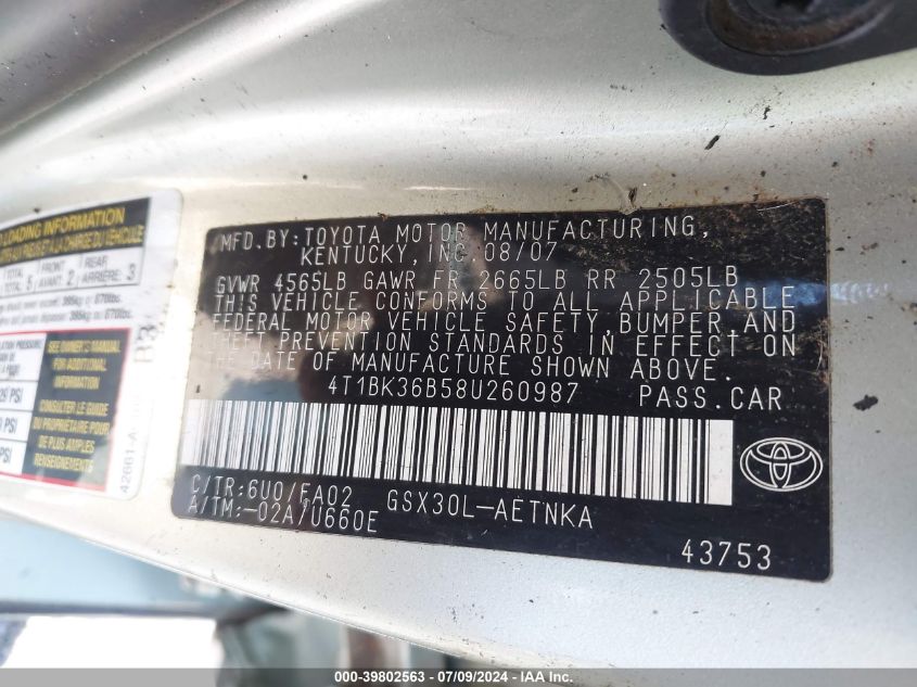 2008 Toyota Avalon Xl VIN: 4T1BK36B58U260987 Lot: 39802563