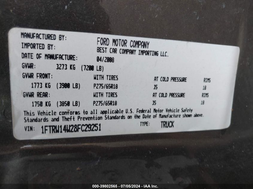 1FTRW14W28FC29251 | 2008 FORD F-150