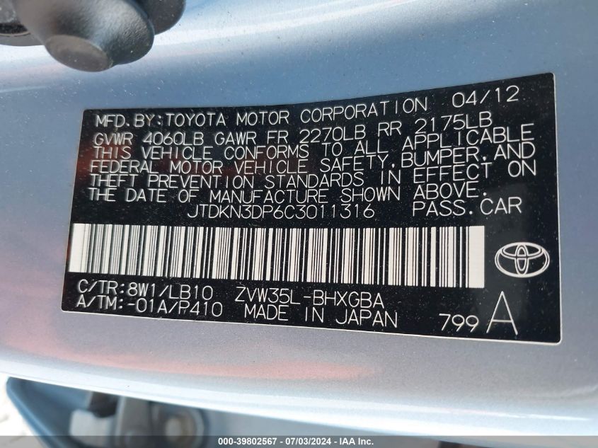 2012 Toyota Prius Plug-In Advanced VIN: JTDKN3DP6C3011316 Lot: 39802567