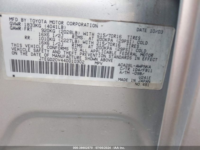 2004 Toyota Rav4 VIN: JTEGD20V440010302 Lot: 39802570