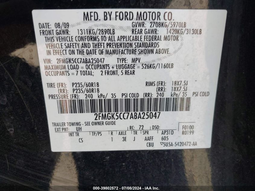 2010 Ford Flex Sel VIN: 2FMGK5CC7ABA25047 Lot: 39802572