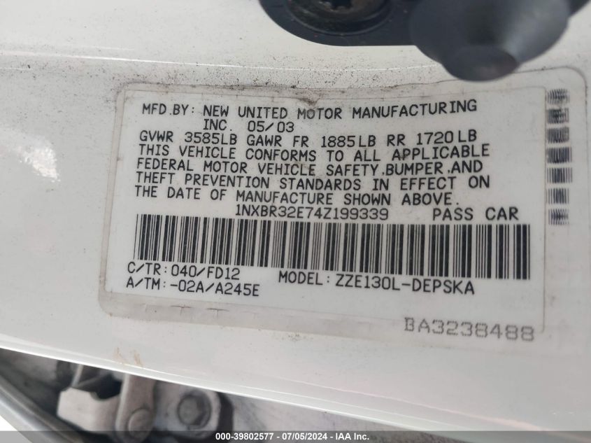 2004 Toyota Corolla S VIN: 1NXBR32E74Z199339 Lot: 39802577