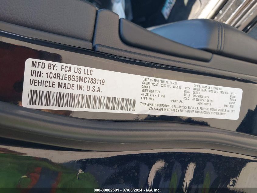 2021 Jeep Grand Cherokee Limited X 4X2 VIN: 1C4RJEBG3MC783119 Lot: 39802591