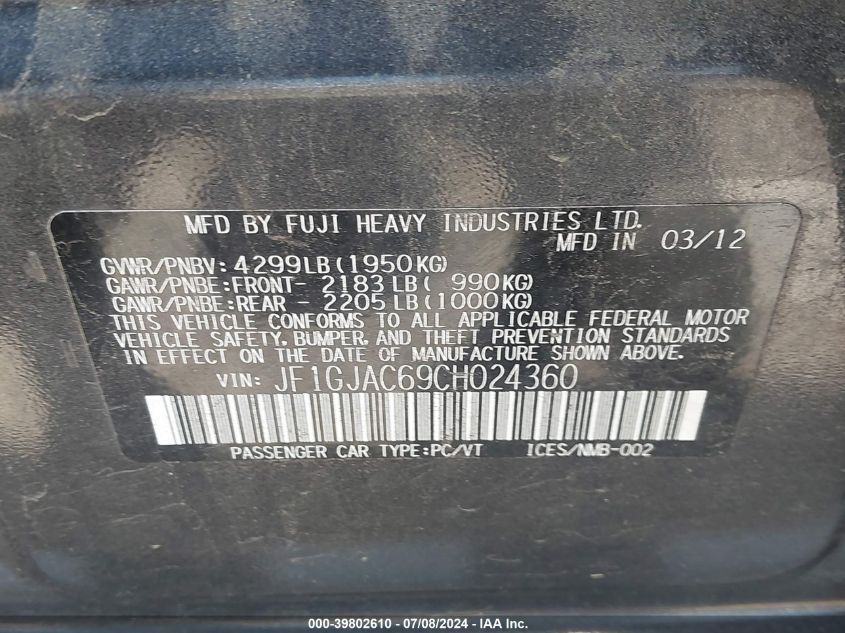 2012 Subaru Impreza 2.0I Premium VIN: JF1GJAC69CH024360 Lot: 39802610