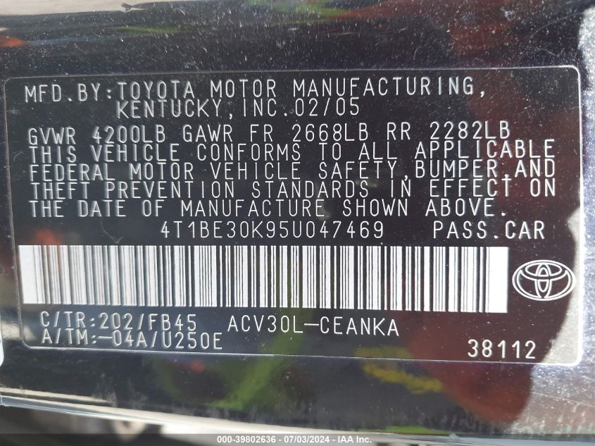 2005 Toyota Camry Le VIN: 4T1BE30K95U047469 Lot: 39802636