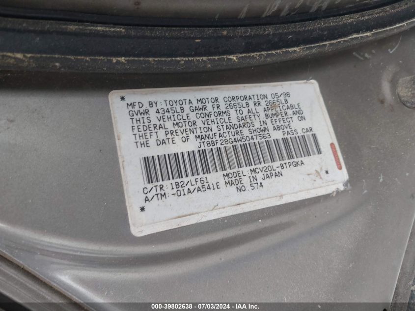 1998 Lexus Es 300 VIN: JT8BF28G4W5047563 Lot: 39802638