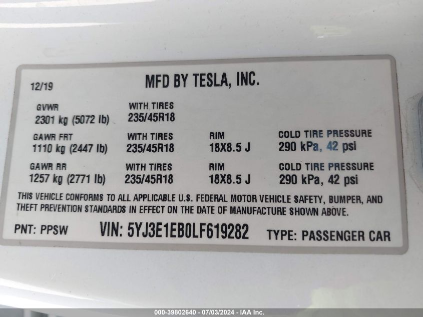 2020 Tesla Model 3 Long Range Dual Motor All-Wheel Drive VIN: 5YJ3E1EB0LF619282 Lot: 39802640