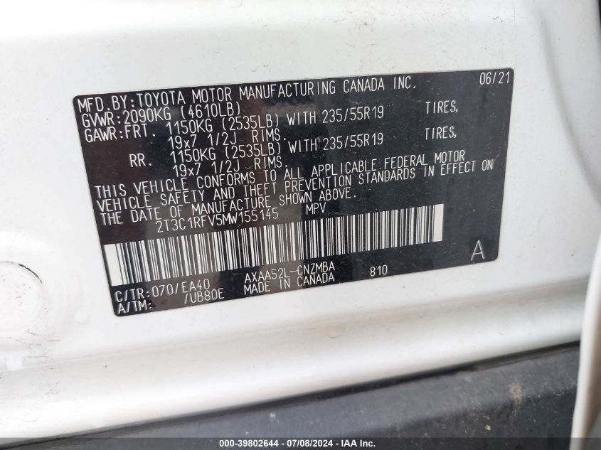 2021 Toyota Rav4 Xle Premium VIN: 2T3C1RFV5MW155145 Lot: 39802644