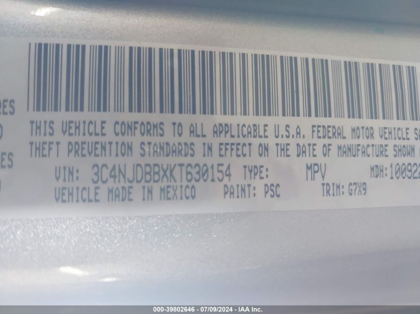 2019 Jeep Compass Latitude 4X4 VIN: 3C4NJDBBXKT630154 Lot: 39802646