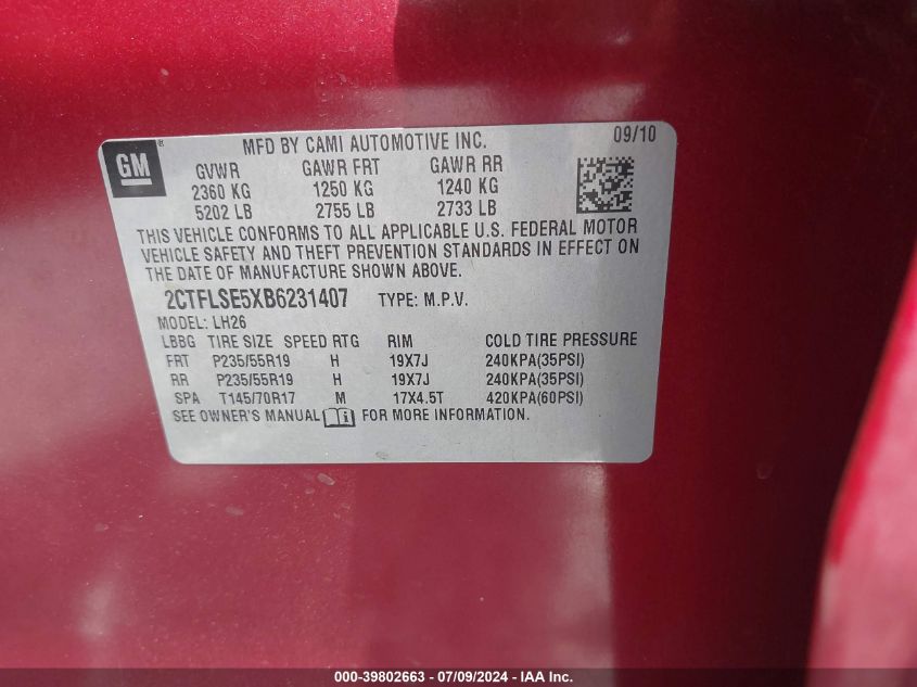 2011 GMC Terrain Sle-2 VIN: 2CTFLSE5XB6231407 Lot: 39802663