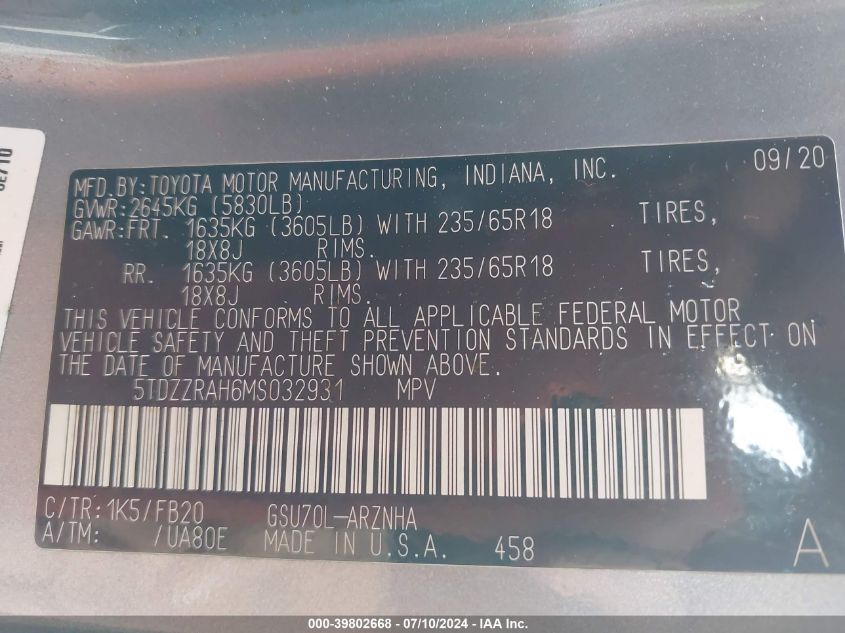 2021 Toyota Highlander Le VIN: 5TDZZRAH6MS032931 Lot: 39802668