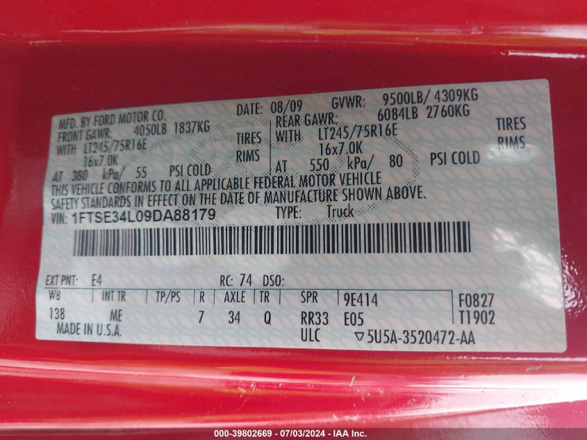 2009 Ford E-350 Super Duty Commercial VIN: 1FTSE34L09DA88179 Lot: 39802669