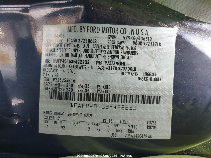 2003 Ford Mustang VIN: 1FAFP40463F422233 Lot: 39802670