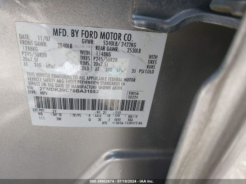 2FMDK39C78BA31553 2008 Ford Edge Limited