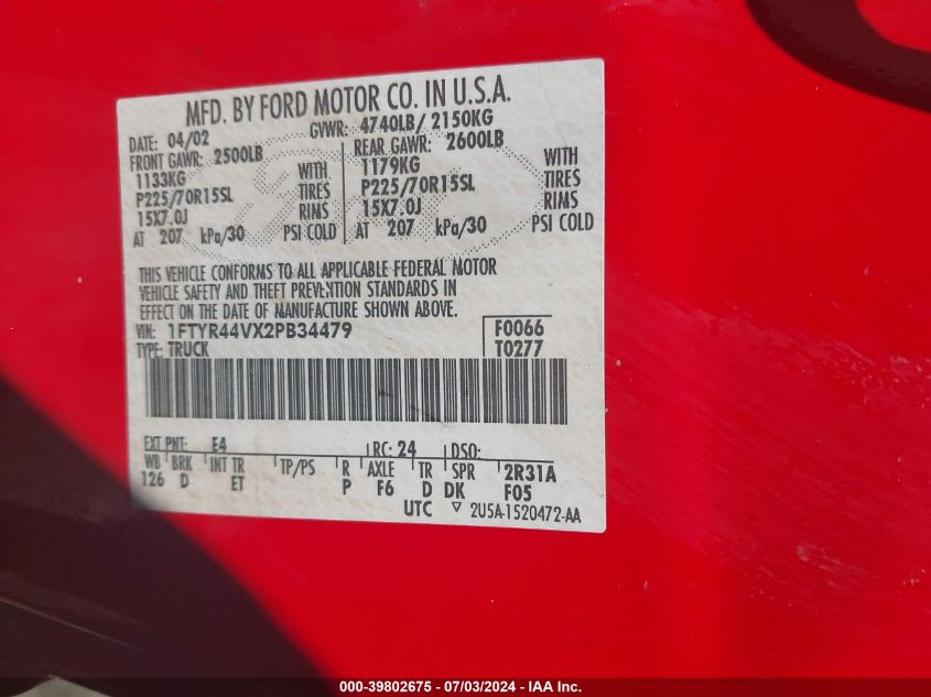 2002 Ford Ranger Edge/Tremor/Xlt VIN: 1FTYR44VX2PB34479 Lot: 39802675