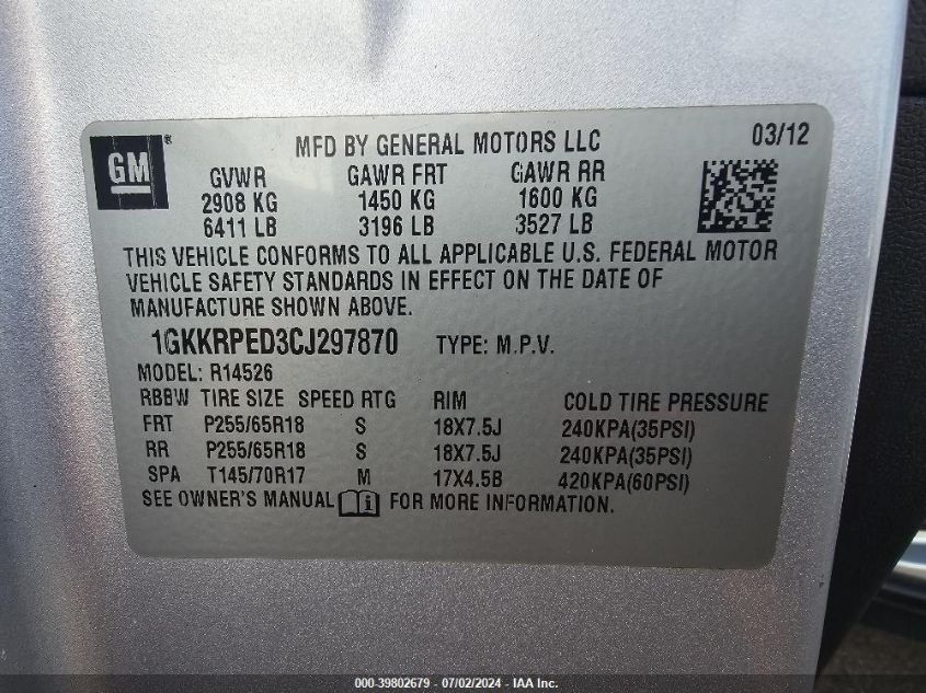 1GKKRPED3CJ297870 | 2012 GMC ACADIA