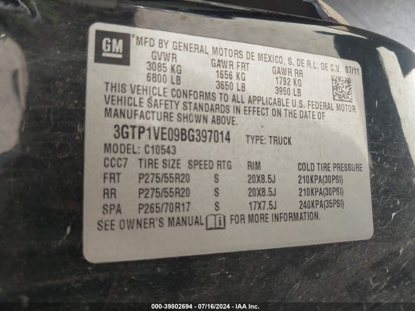 2011 GMC Sierra 1500 Sle VIN: 3GTP1VE09BG397014 Lot: 39802694