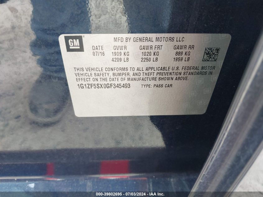 2016 Chevrolet Malibu 2Lt VIN: 1G1ZF5SX0GF345493 Lot: 39802695