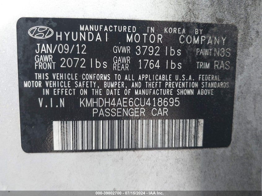 2012 Hyundai Elantra Gls (Ulsan Plant) VIN: KMHDH4AE6CU418695 Lot: 39802700