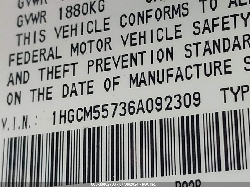 2006 Honda Accord 2.4 Ex VIN: 1HGCM55736A092309 Lot: 39802703
