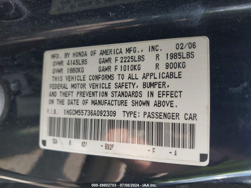 2006 Honda Accord 2.4 Ex VIN: 1HGCM55736A092309 Lot: 39802703