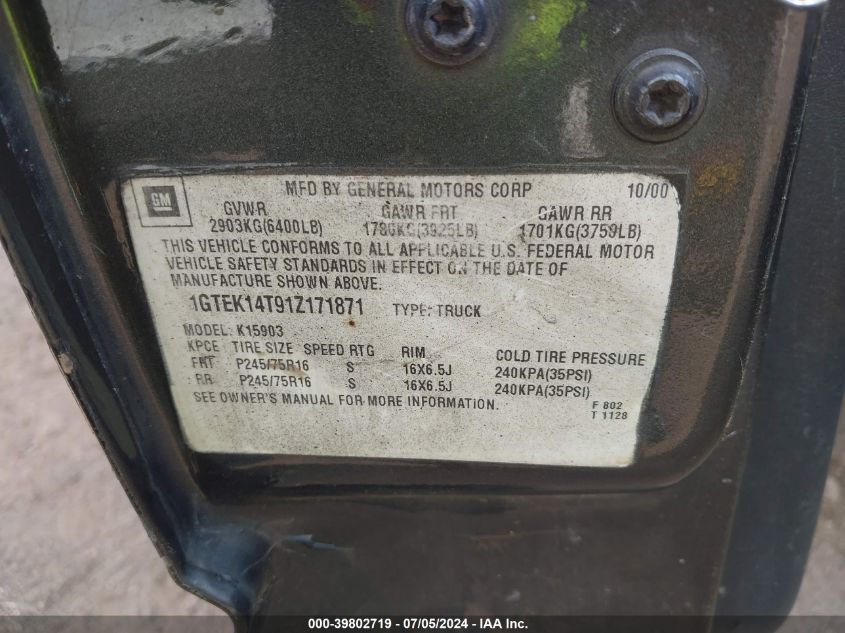 2001 GMC Sierra 1500 Sl VIN: 1GTEK14T91Z171871 Lot: 39802719